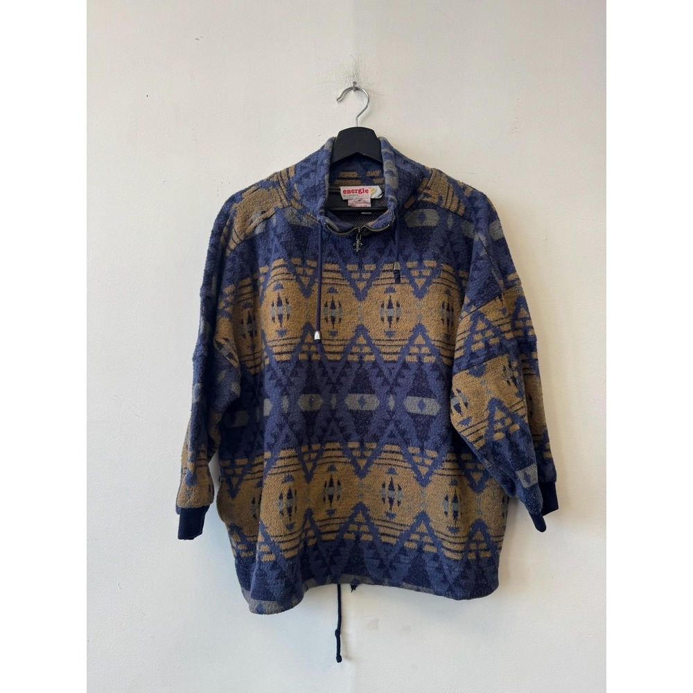 Vintage Energie Sweater Mens Medium Blue Aztec Knit Mock Neck 80s‎ 90s Pullover